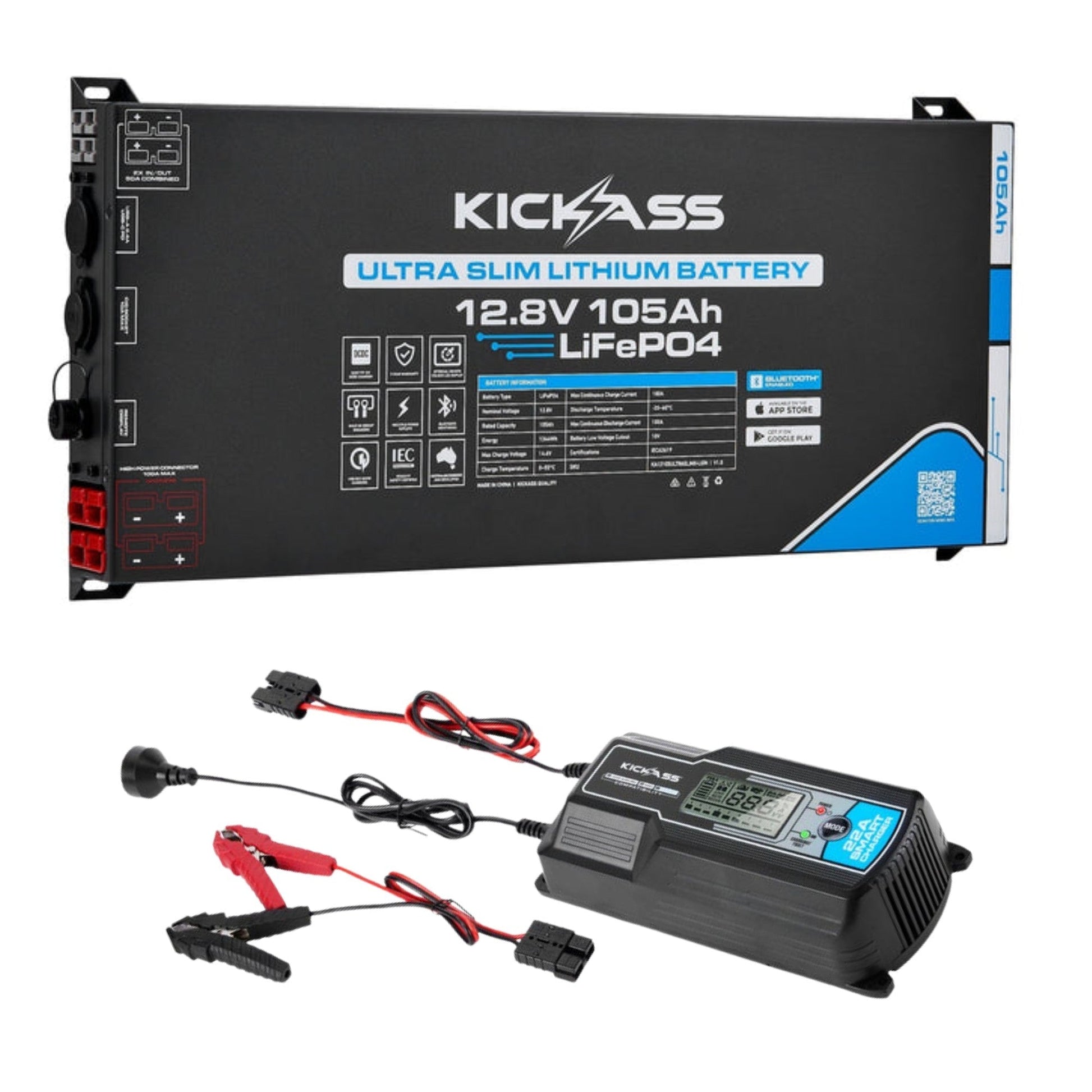 KickAss ProductsKickAss Smart 12V 105Ah Ultra Slimline Lithium Battery + 22A Smart Battery Charger BundleKA12105ULTRASLIMXCHG22