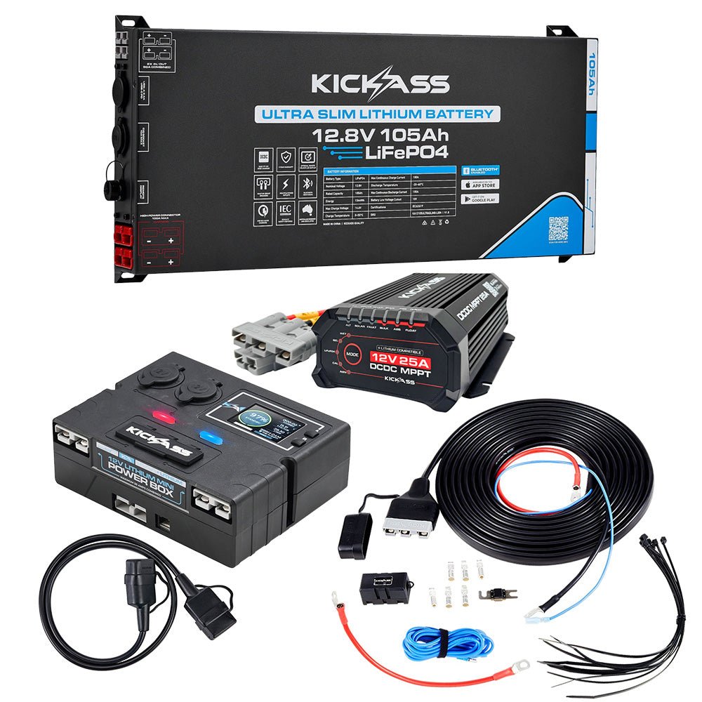 KickAss ProductsKickAss Smart 12V 105Ah Ultra - Slimline Lithium Battery with Control Box, 25A DCDC Charger, Wiring & Fuse HolderKASMART105USLPREMDBK