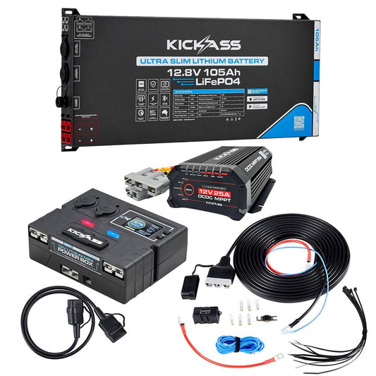 KickAss ProductsKickAss Smart 12V 105Ah Ultra - Slimline Lithium Battery with Control Box, 25A DCDC Charger, Wiring & Fuse HolderKASMART105USLPREMDBK