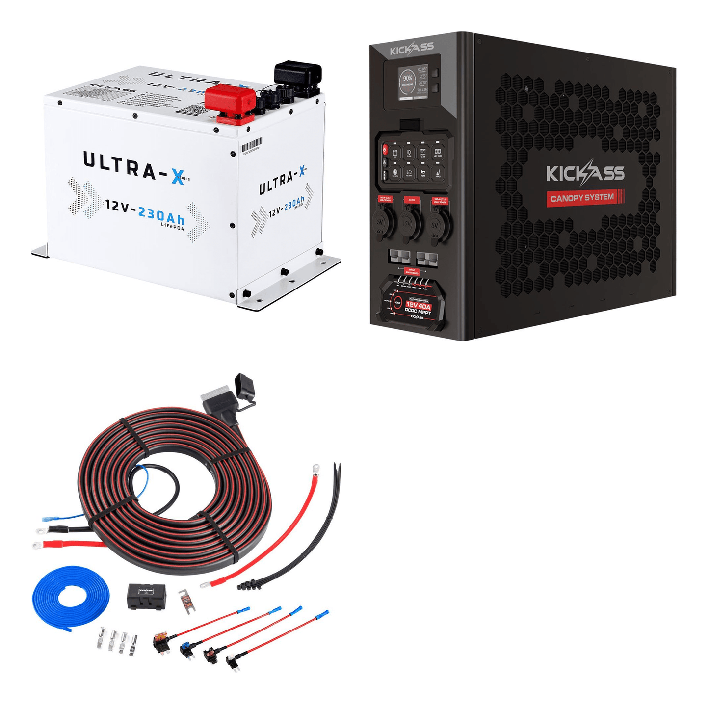 KickAss ProductsKickAss Smart 12V 230Ah Ultra - X Lithium Compact Deep Cycle Battery Bundle with 12V Wireless Canopy Power System & DCDC Wiring Kit - 230Ah Total Capac.BUNDLE-KA12230X-KA40A8WSCPSL-KAHDDBWKPP.