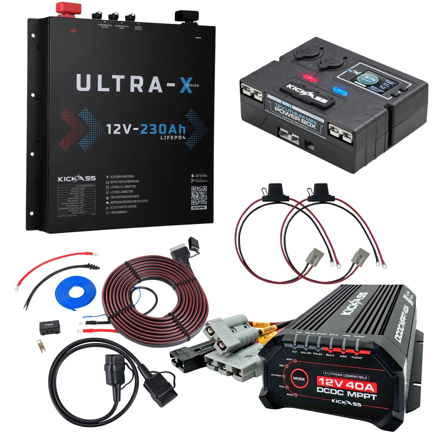 KickAss ProductsKickAss Smart 12V 230Ah Ultra - X Slimline Lithium Complete Dual Battery Kit with Control Box, 40A DCDC Charger & WiringKASMART230UXSLCOMPDBK