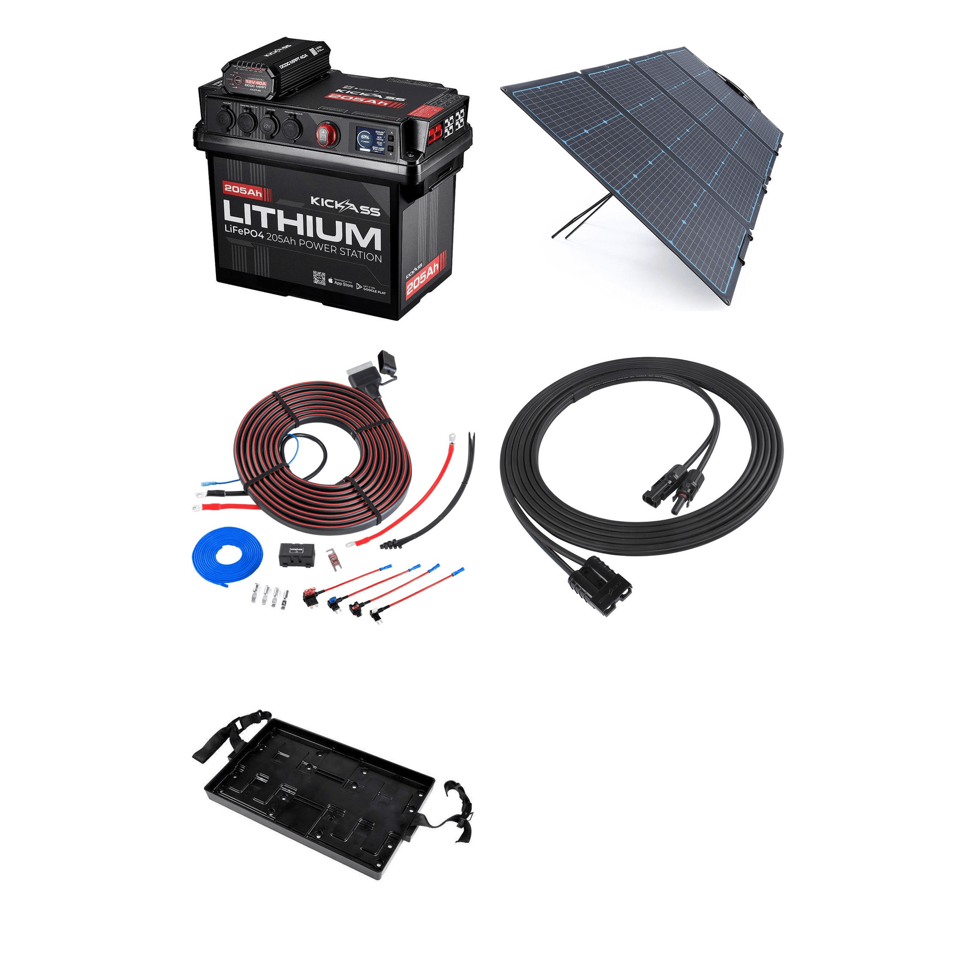 KickAss ProductsKickAss Smart 205Ah Lithium Battery Box Power Station Bundle with 240W Solar Panel, DCDC Wiring Kit & TrayKA-205AHLIT-DCDC-SOL-WIRING