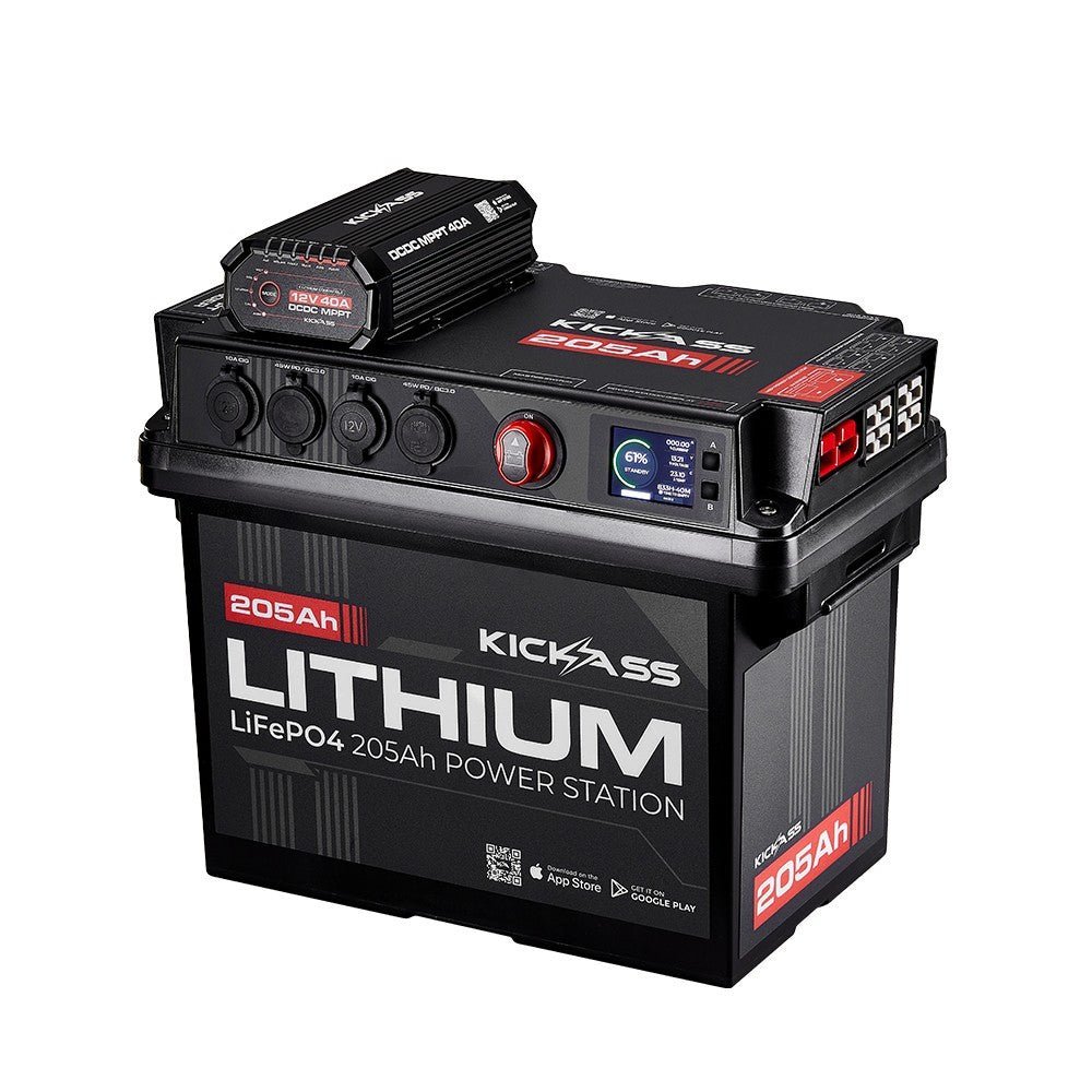 KickAss ProductsKickAss Smart 205Ah Lithium Battery Box Power Station Bundle with 250W Fixed Solar Panel, DCDC Wiring Kit & TrayKA-JBBOXLI205AH40A-SOL250W-WIRING