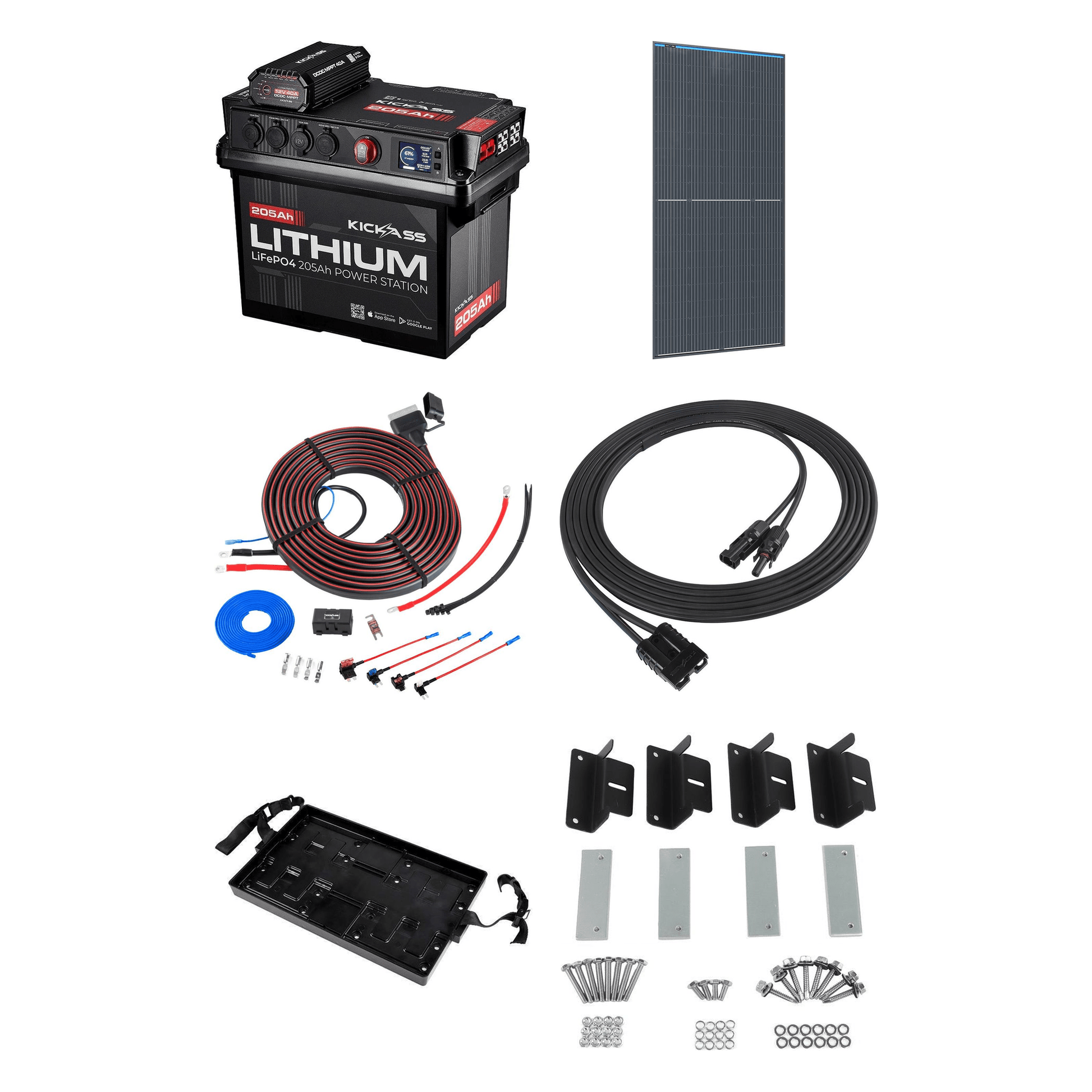 KickAss ProductsKickAss Smart 205Ah Lithium Battery Box Power Station Bundle with 250W Fixed Solar Panel, DCDC Wiring Kit & TrayKA-JBBOXLI205AH40A-SOL250W-WIRING