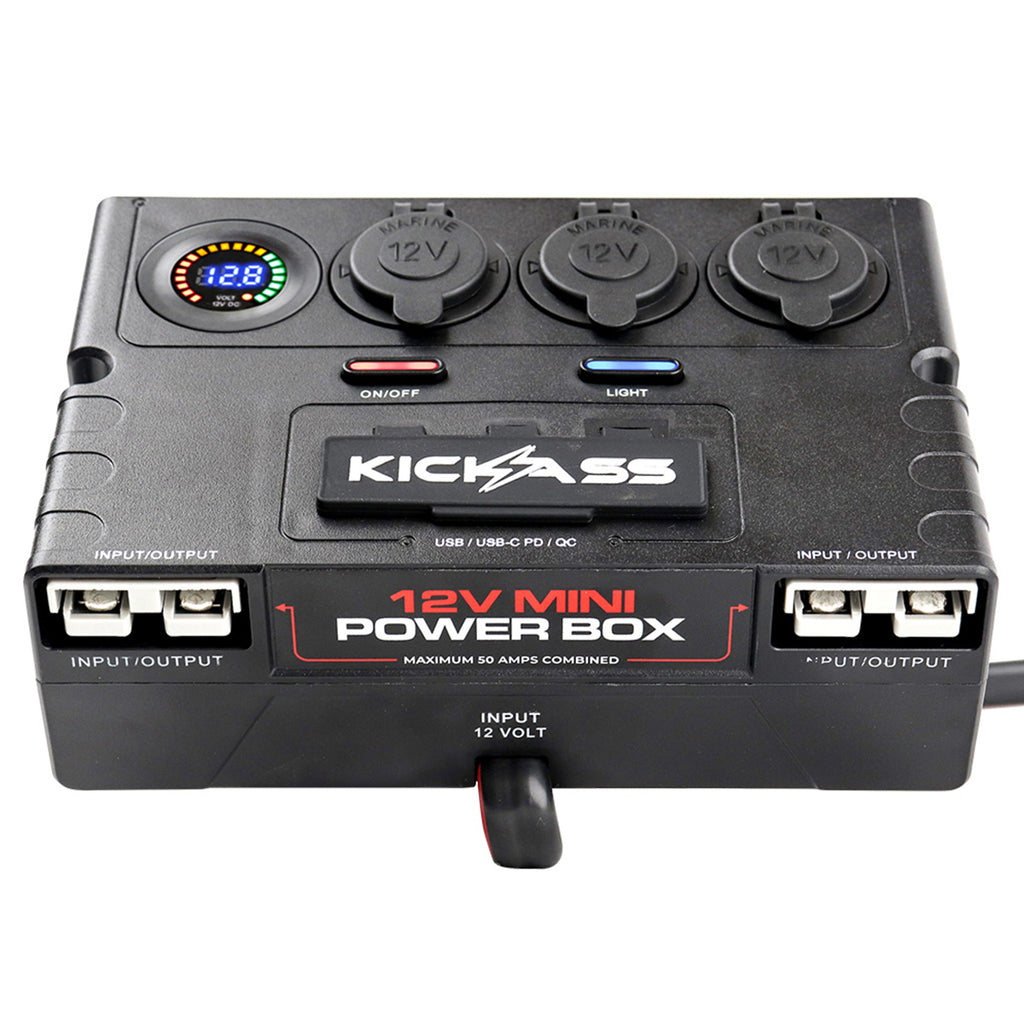 KickAss 12V Mini Power Box - 2 x Anderson, 6 x USB & 3 x Cig Sockets - KickAss Products USA